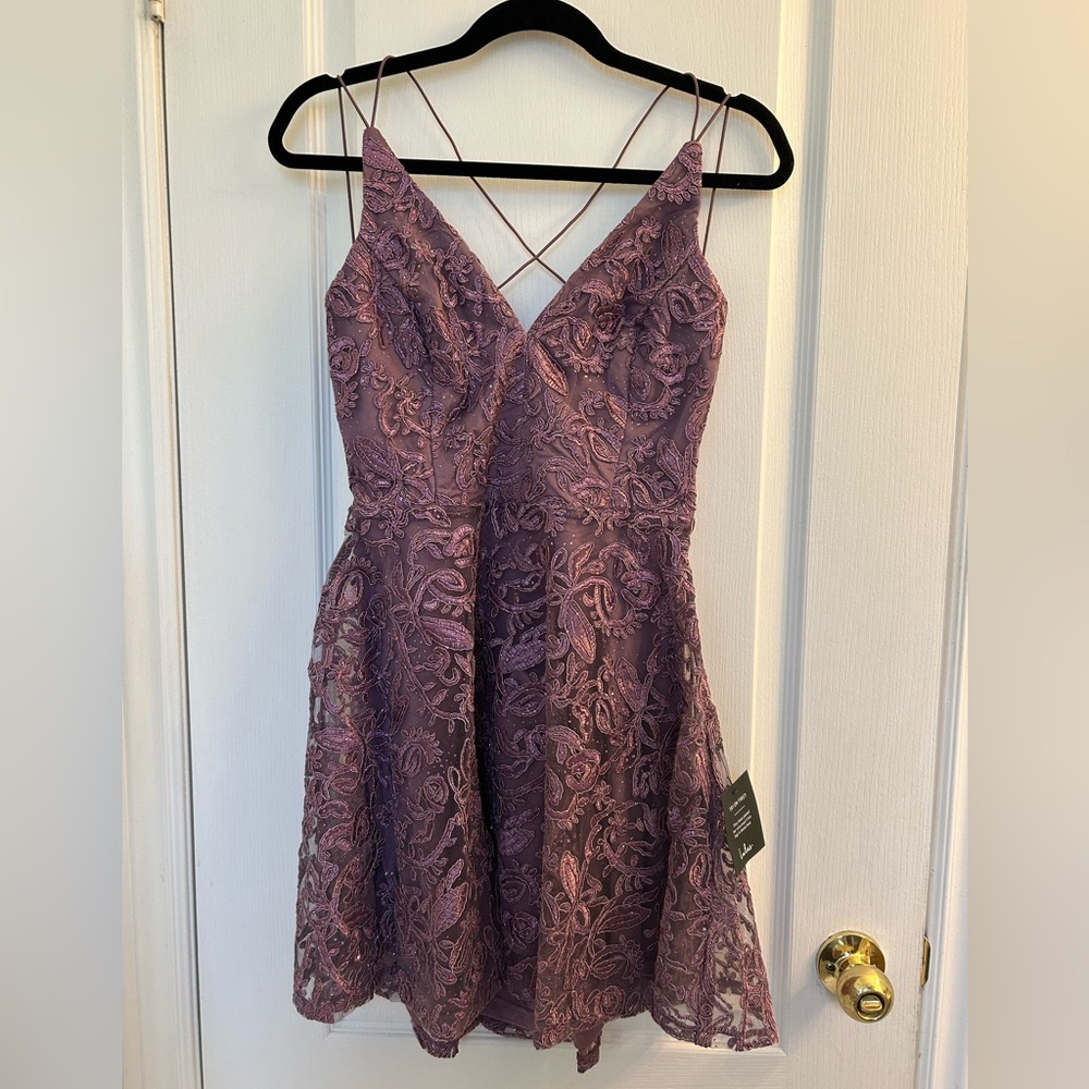 Lulus NWT Just Us Tonight Purple Embroidered Strappy Skater Dress - Picture 2 of 8